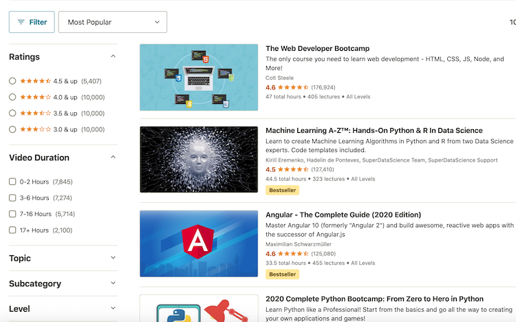 Udemy tìm kiếm thông minh